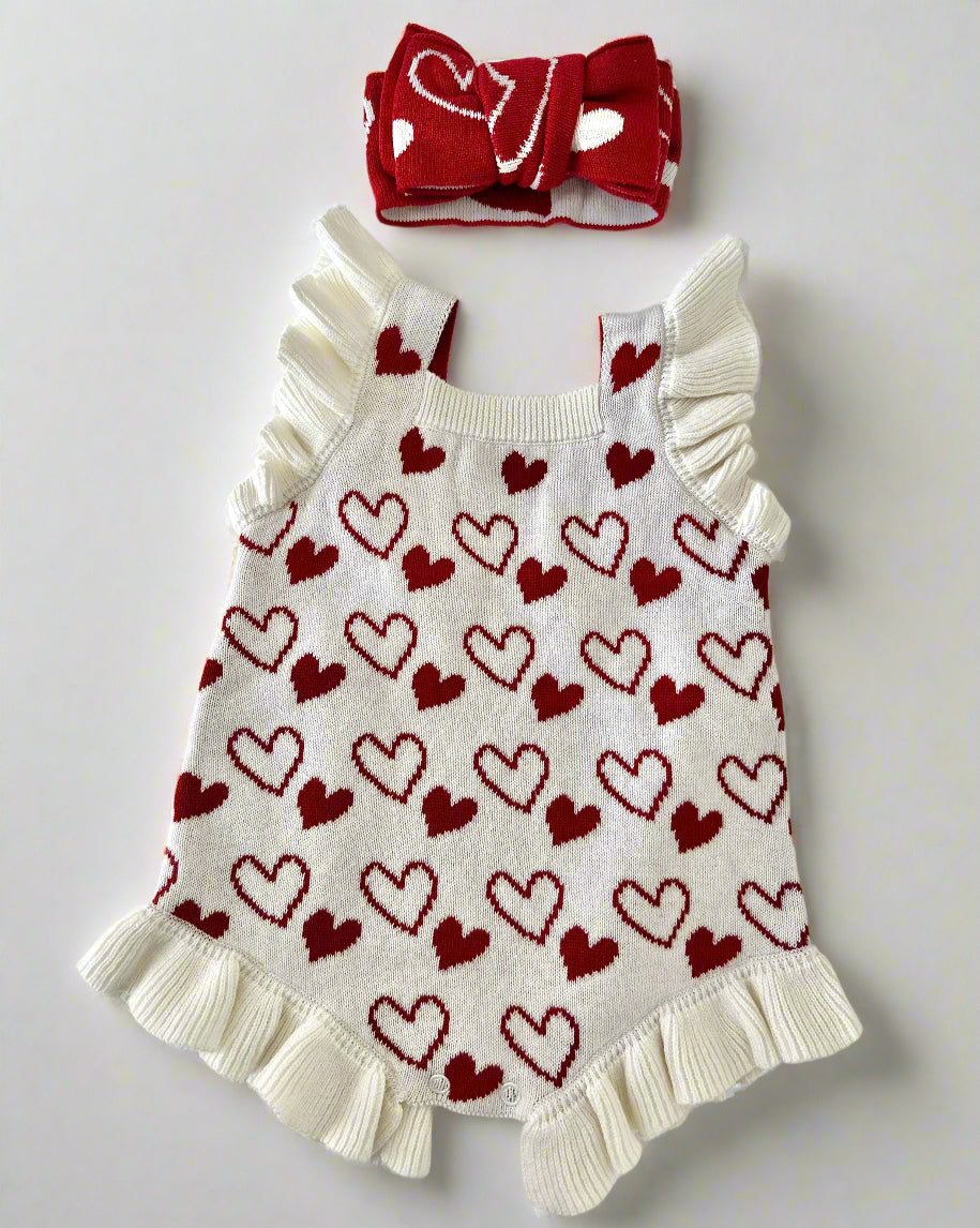 Amelie Hearts Frill Romper with Matching Headband