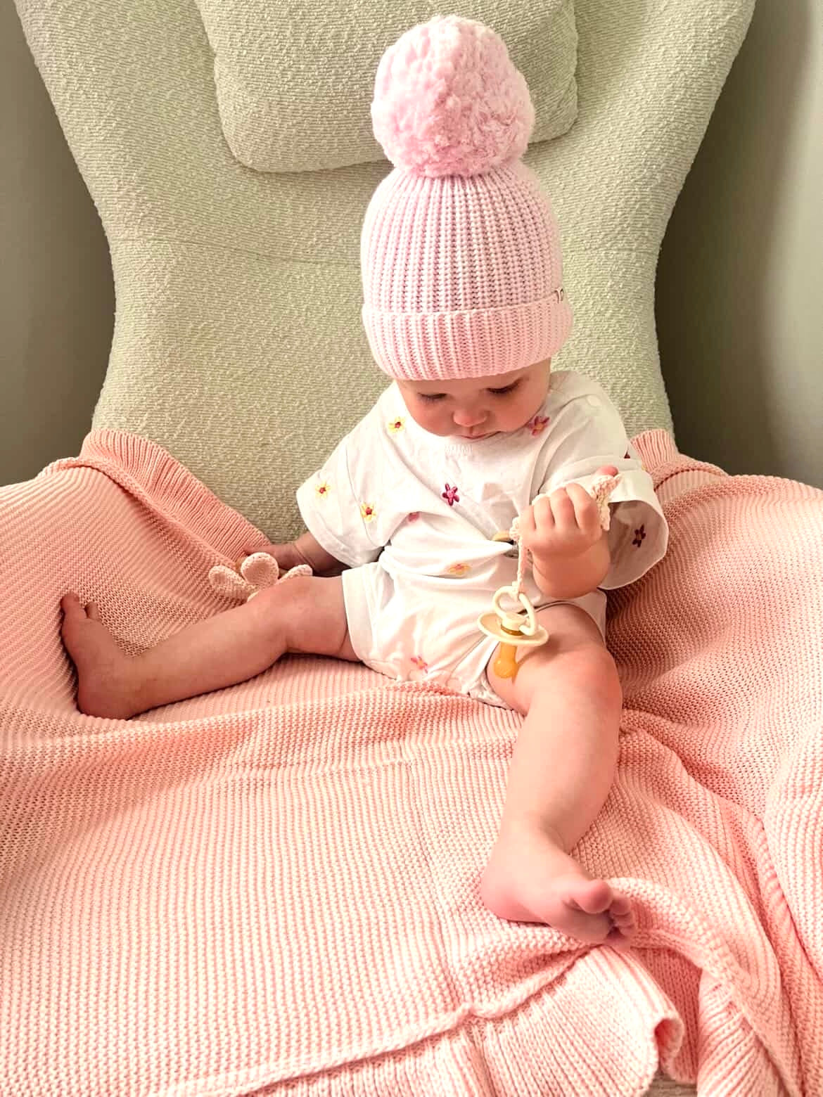 Knitted Pom Pom Beanie - Petal Pink