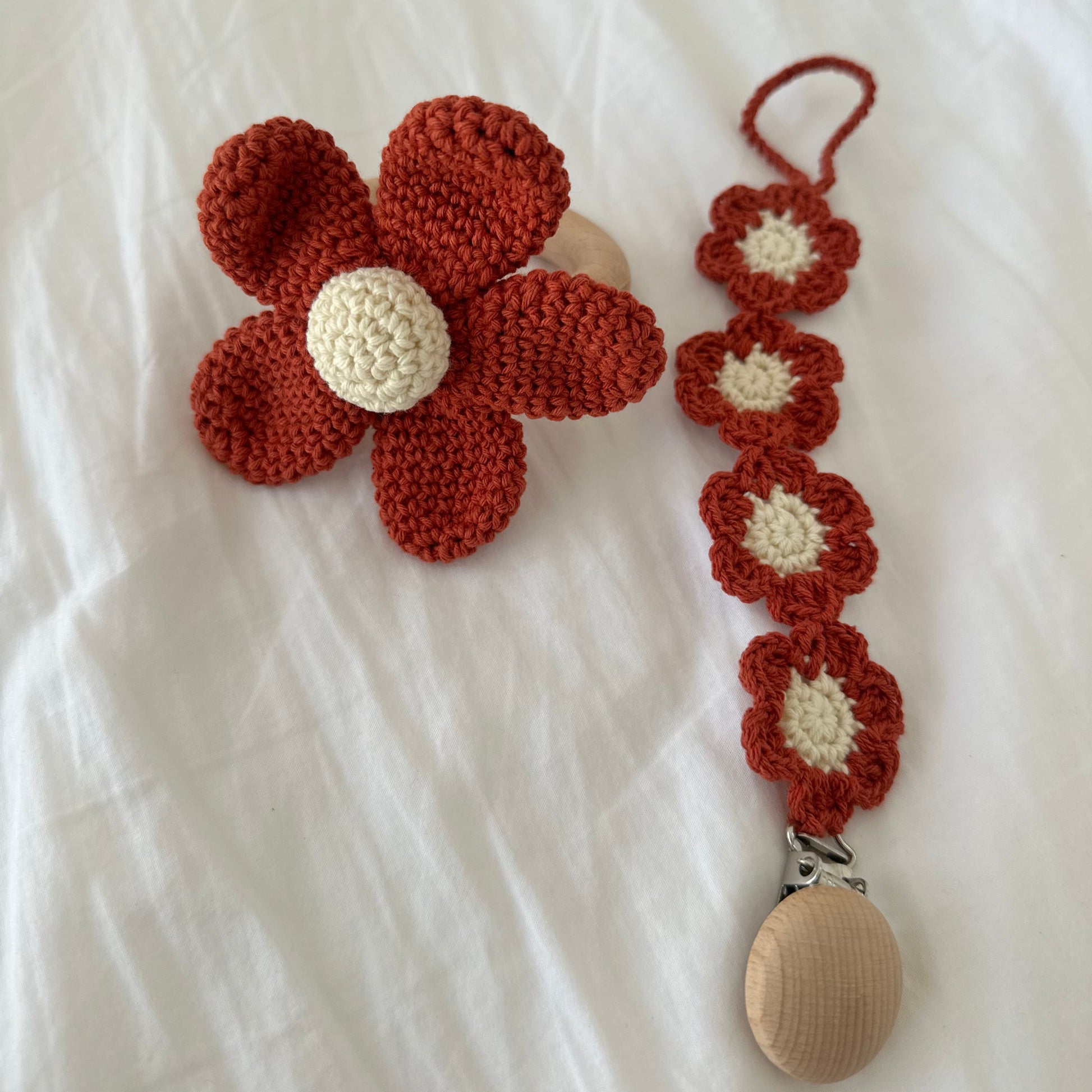 Cotton Flower Rattle & Dummy Clip Set - Rust