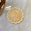 Scalloped “She’s Here” Announcement Card
