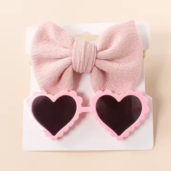 Retro Heart Sunglasses and Bow Set - Pink
