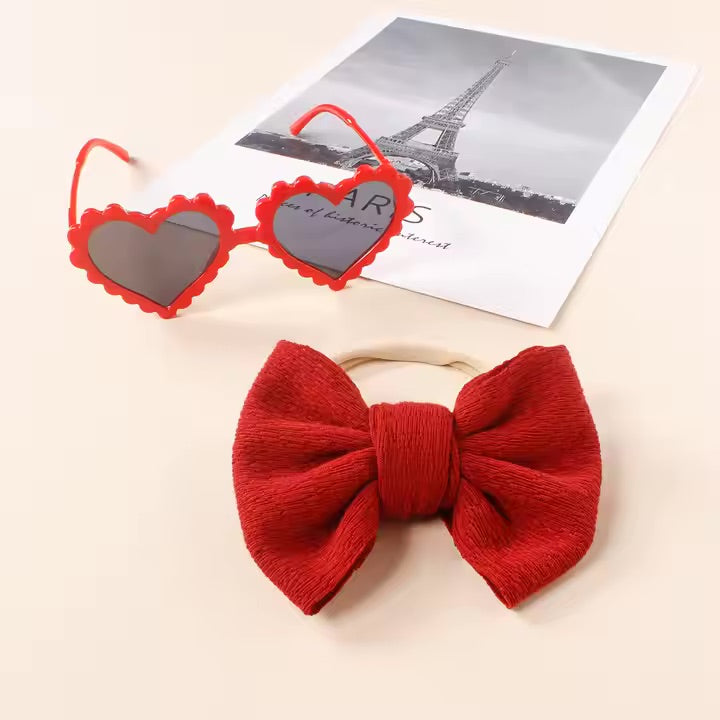 Retro Heart Sunglasses and Bow Set - Red