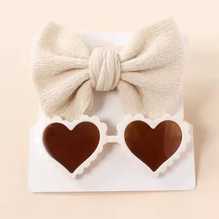 Retro Heart Sunglasses and Bow Set - White