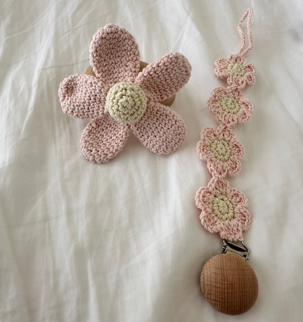 Cotton Flower Rattle & Dummy Clip Set - Pink