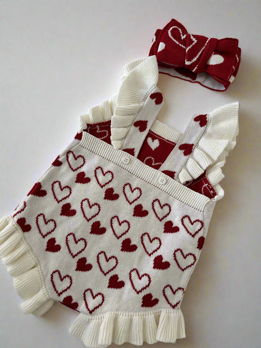 Amelie Hearts Frill Romper with Matching Headband