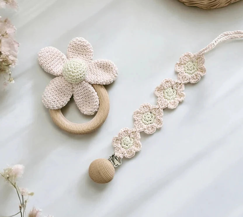 Cotton Flower Rattle & Dummy Clip Set - Pink