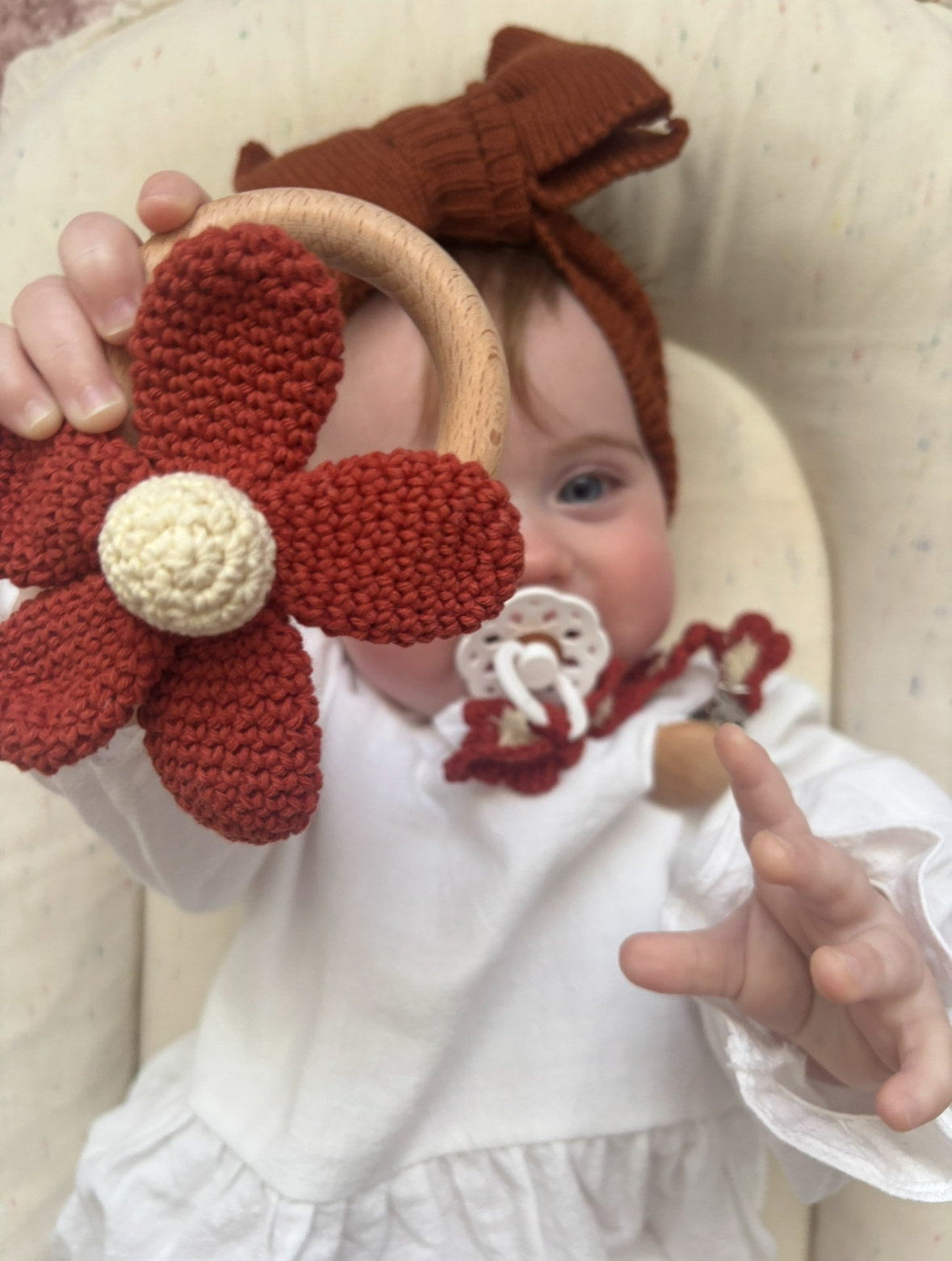 Cotton Flower Rattle & Dummy Clip Set - Rust