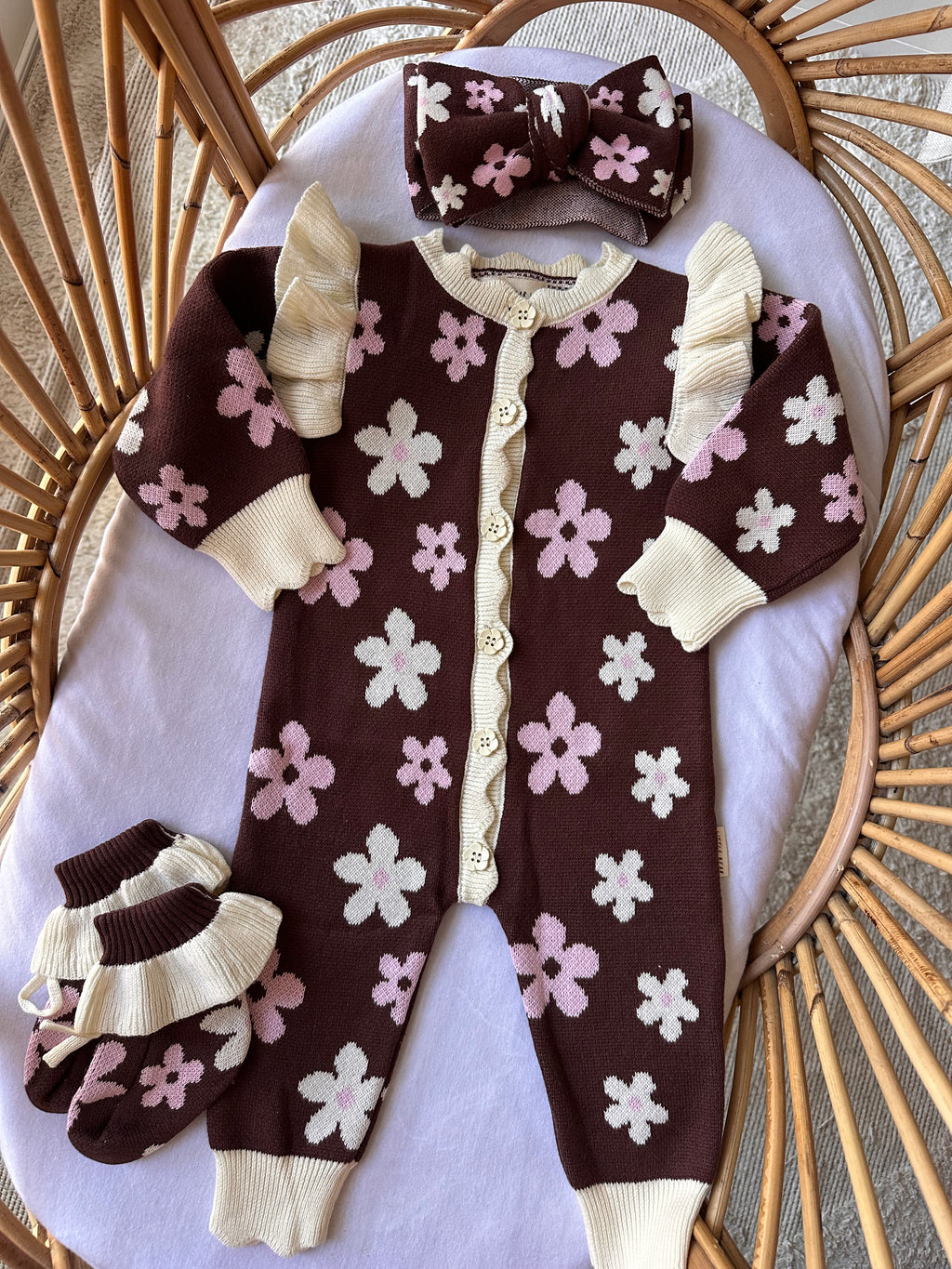 Frill Knit Romper - Mocha Bloom