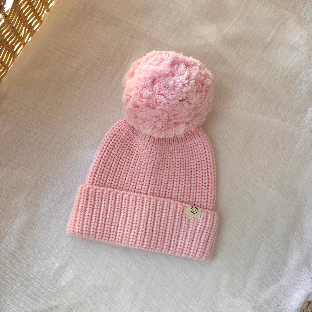 Knitted Pom Pom Beanie - Petal Pink