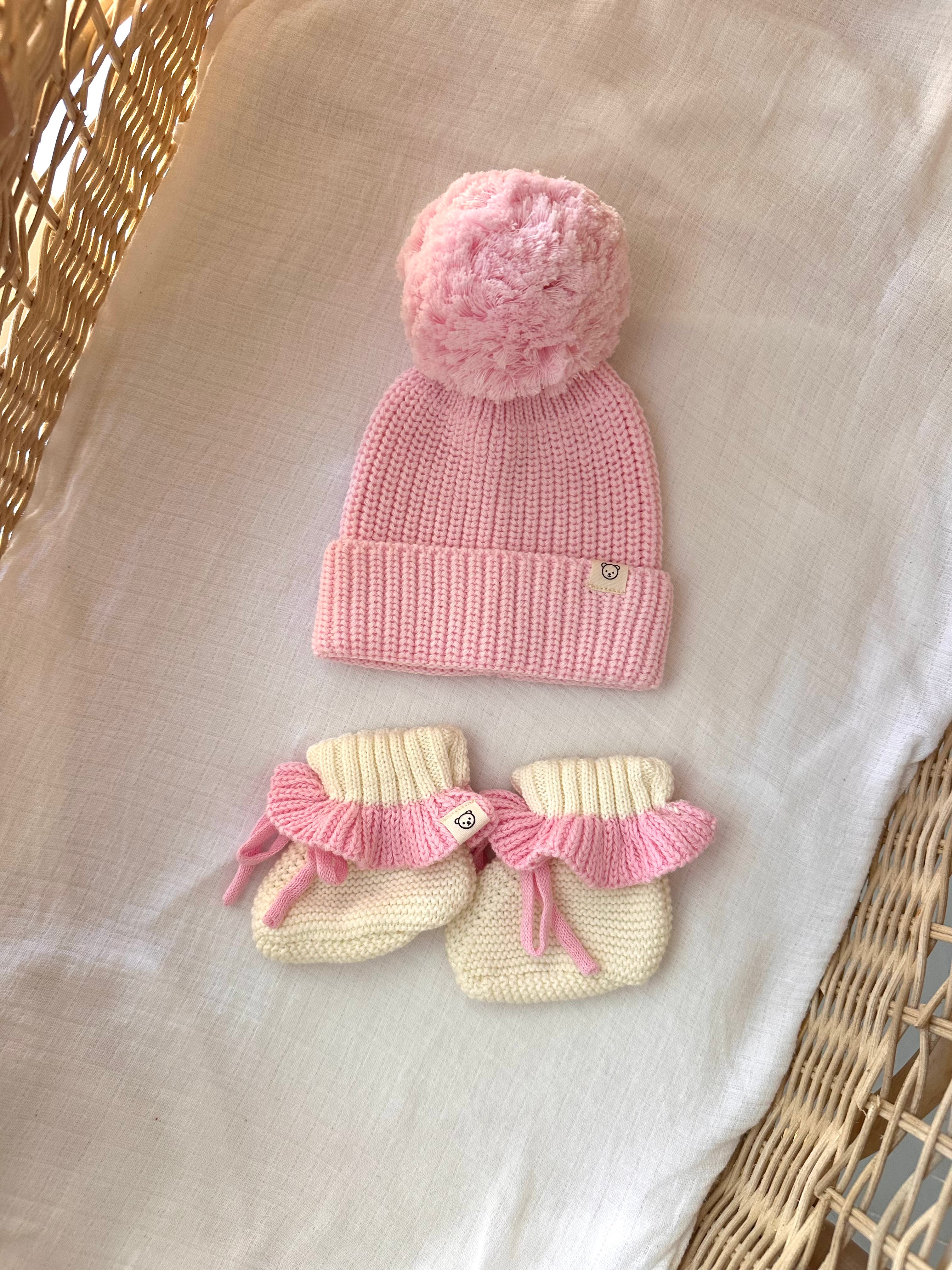 Knitted Pom Pom Beanie - Petal Pink