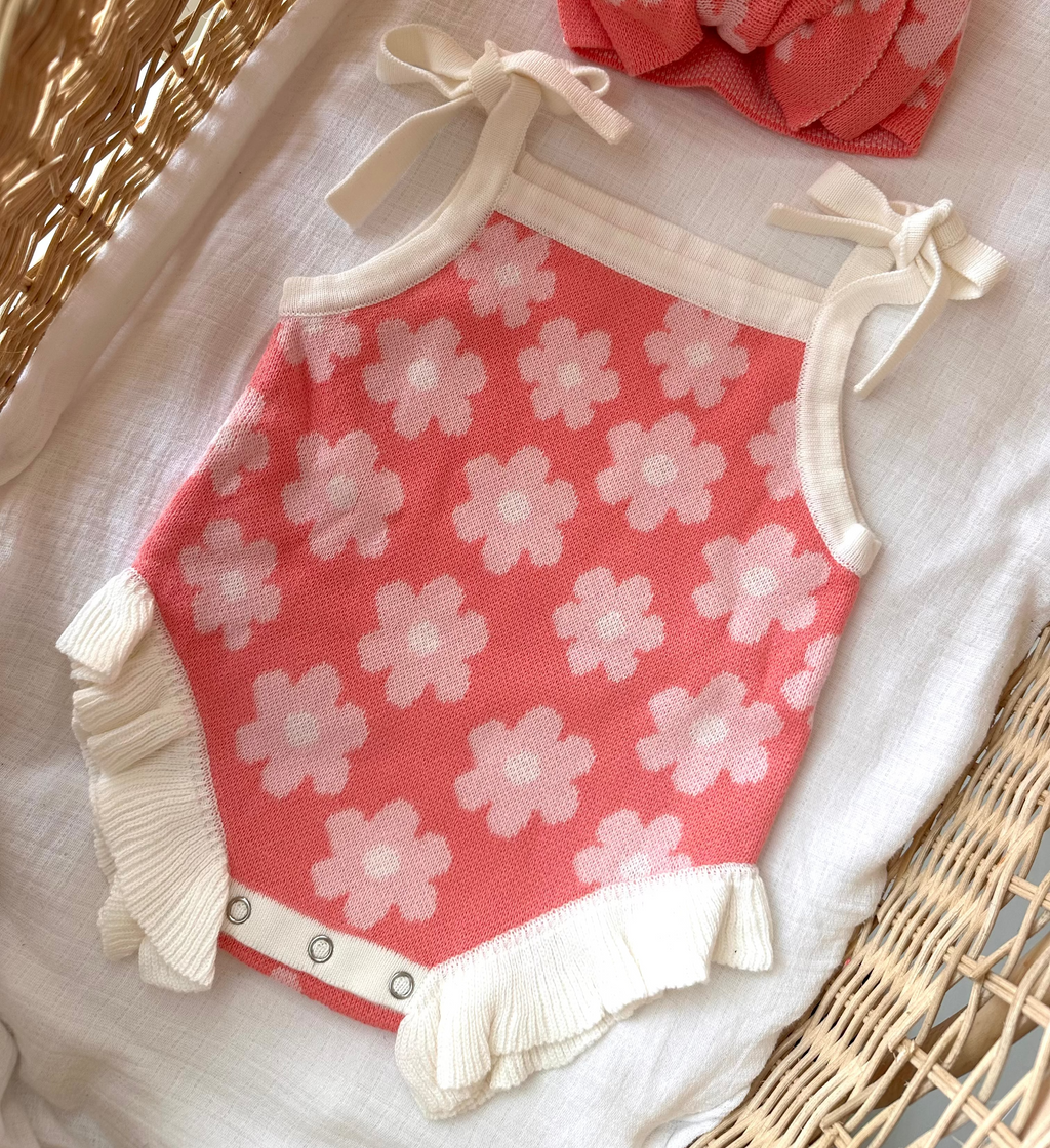 Set - Bloom Knit Tie Romper with Matching Headband