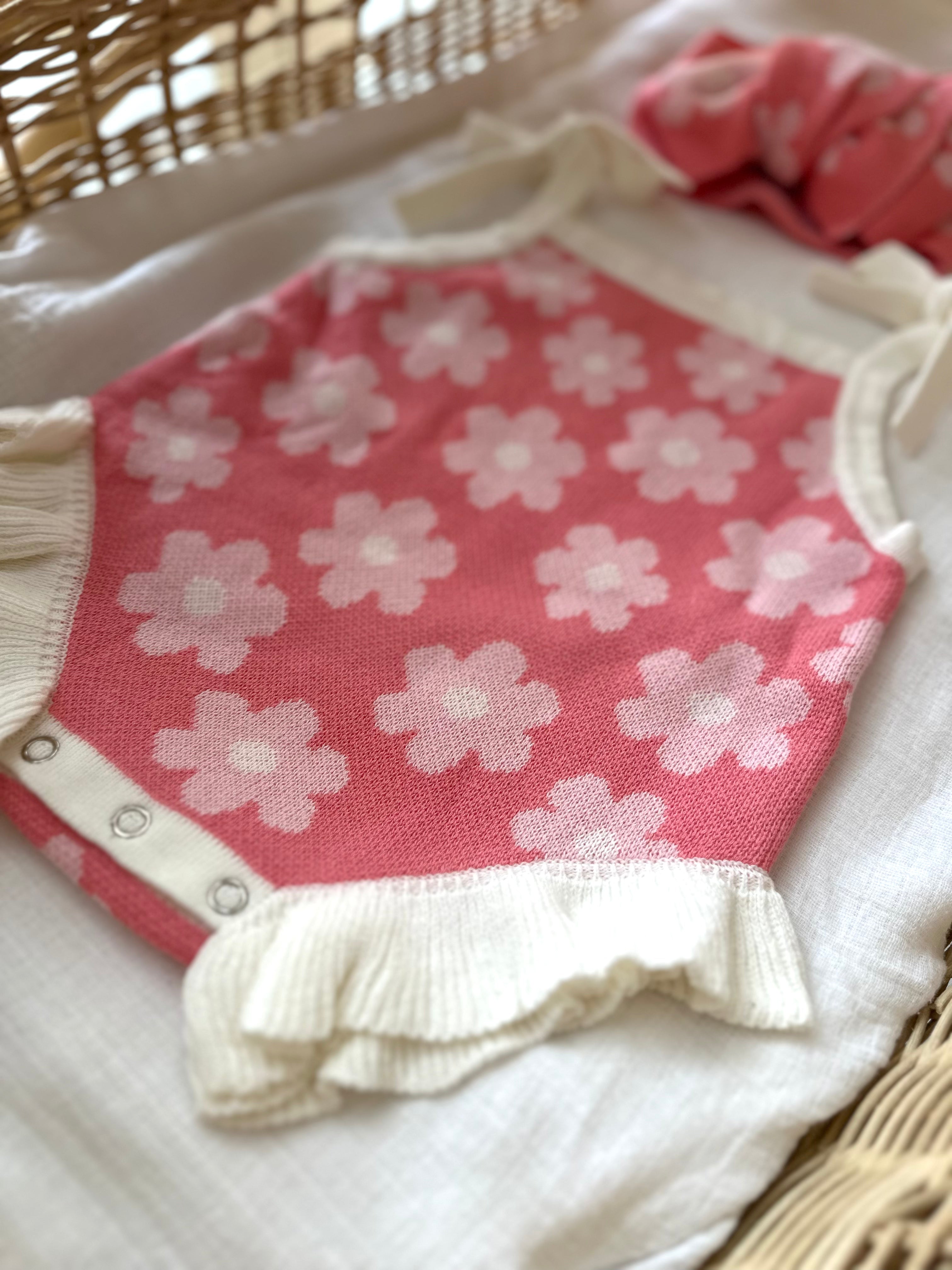 Set - Bloom Knit Tie Romper with Matching Headband