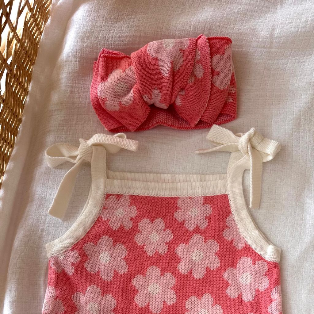 Set - Bloom Knit Tie Romper with Matching Headband