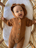 Knitted Bear Hooded Romper - Chocolate