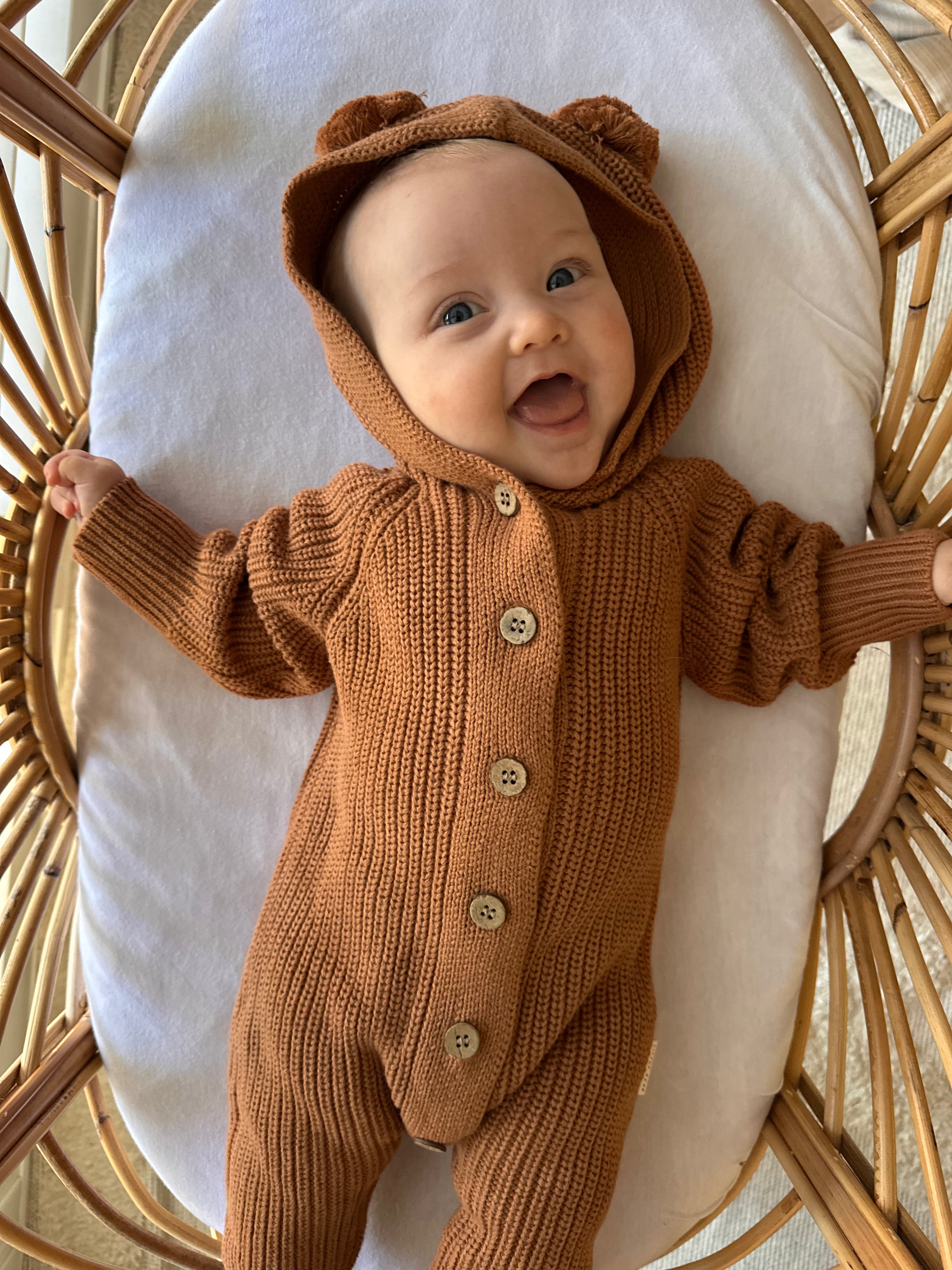 Knitted Bear Hooded Romper - Chocolate