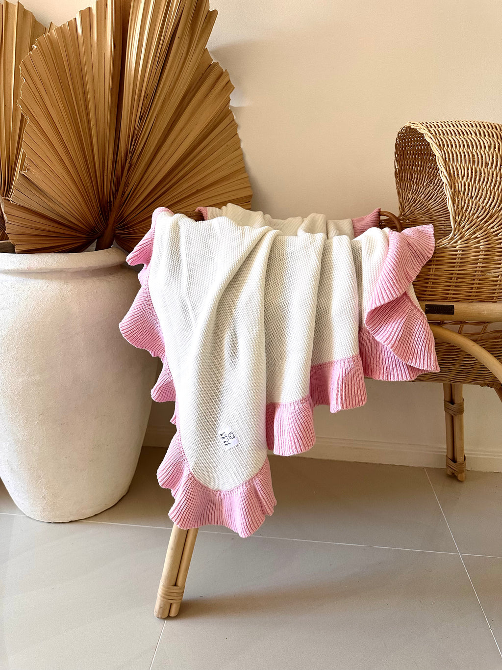 Large 100% Cotton Ruffle Blanket - White and Pink
