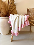 Large 100% Cotton Ruffle Blanket - White and Pink