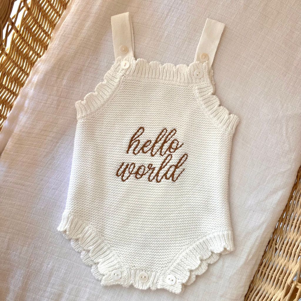 "Hello World" Scalloped Singlet Romper - White