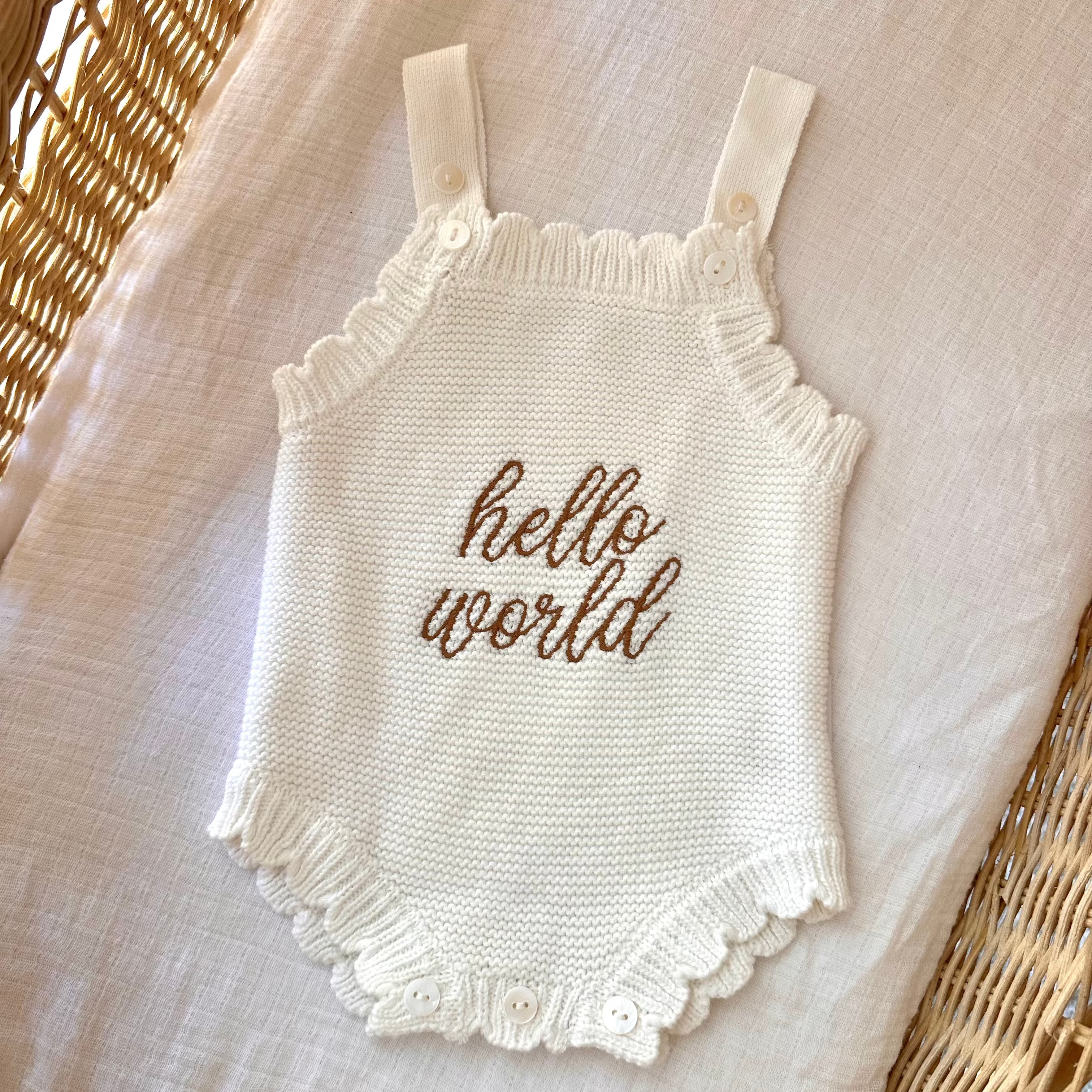 "Hello World" Scalloped Singlet Romper - White