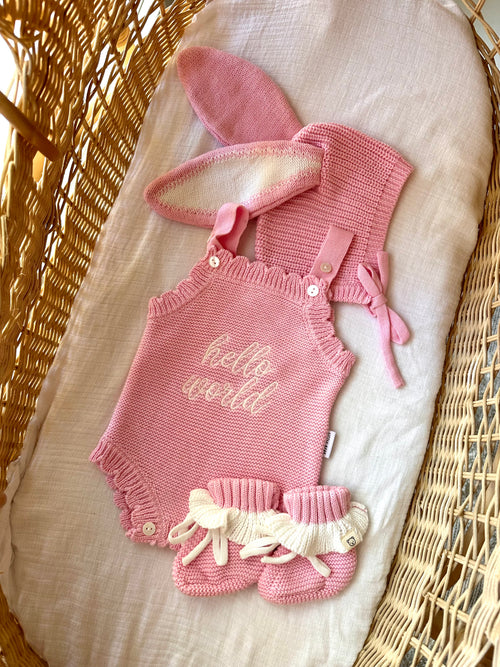 "Hello World" Scalloped Singlet Romper - Pink