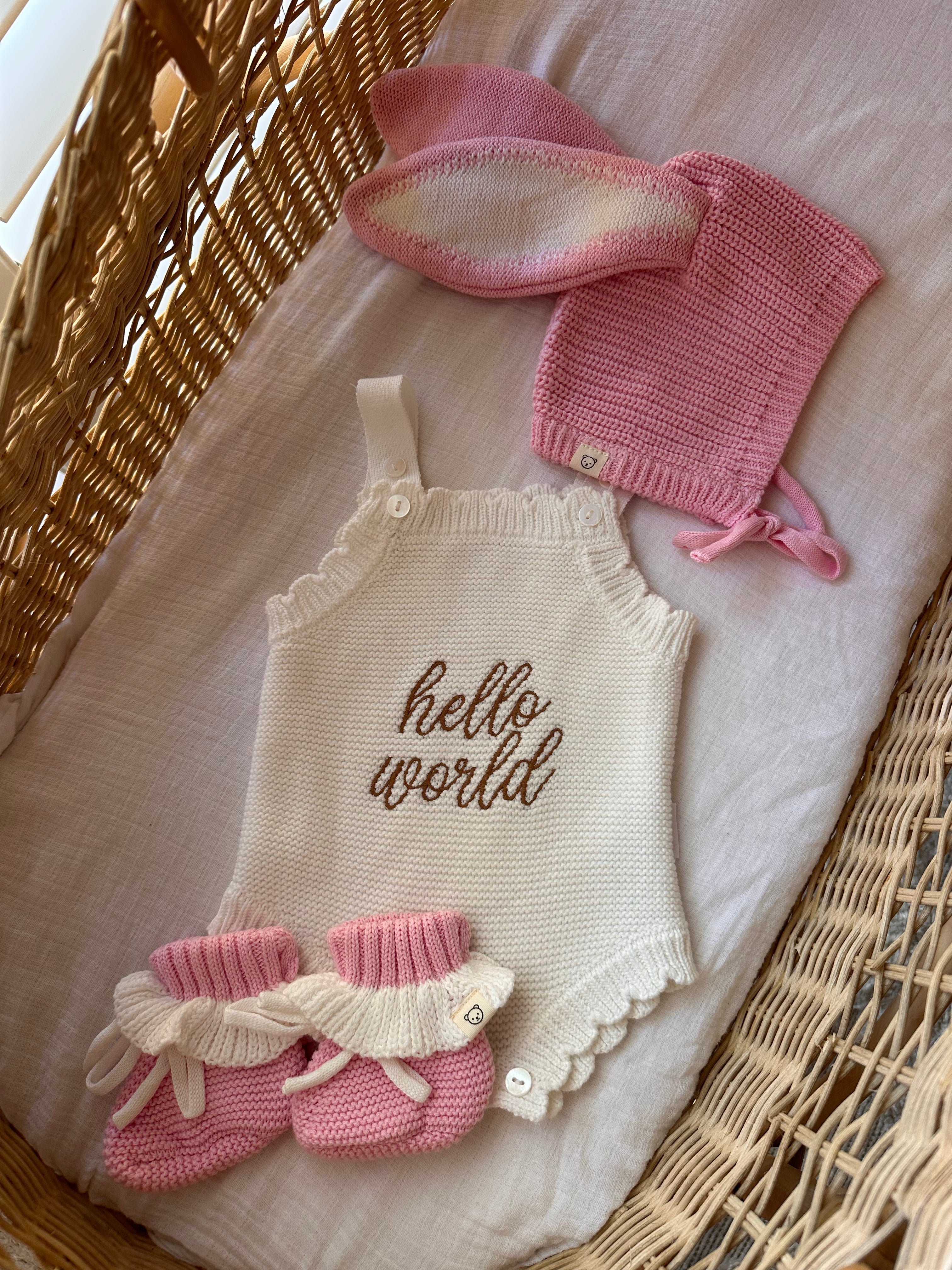 "Hello World" Scalloped Singlet Romper - White