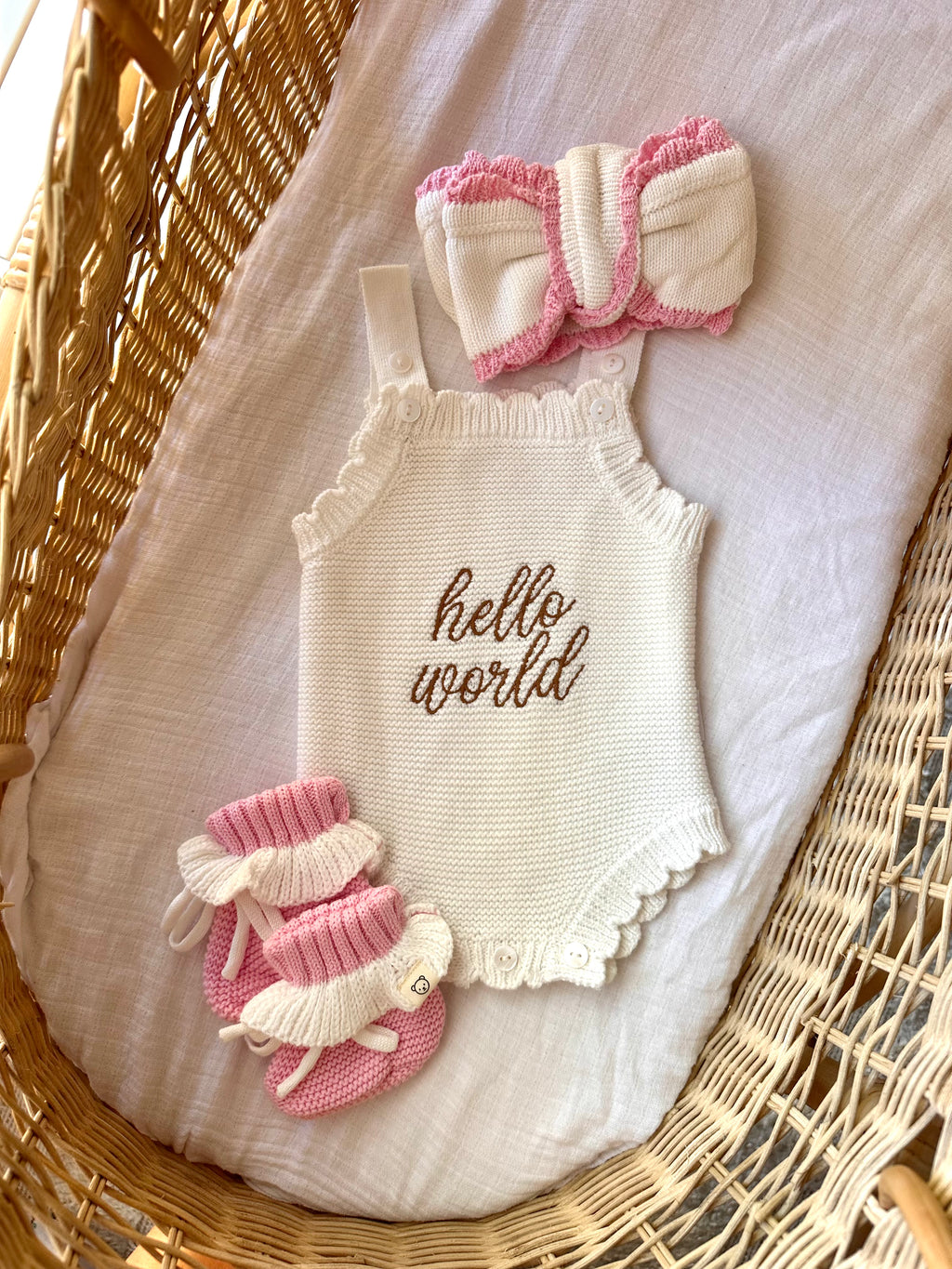 Knitted Frill Cotton Headband - White and Pink