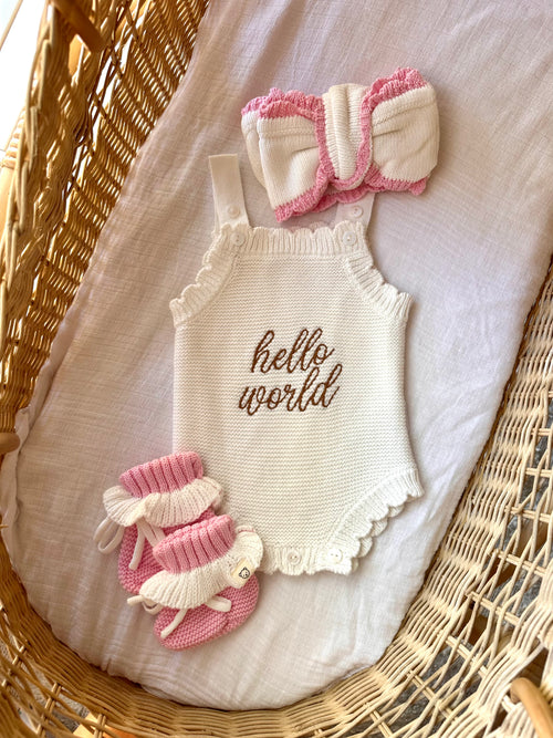 "Hello World" Scalloped Singlet Romper - White