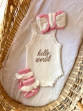 White "Hello World" Scalloped Singlet Romper Bundle