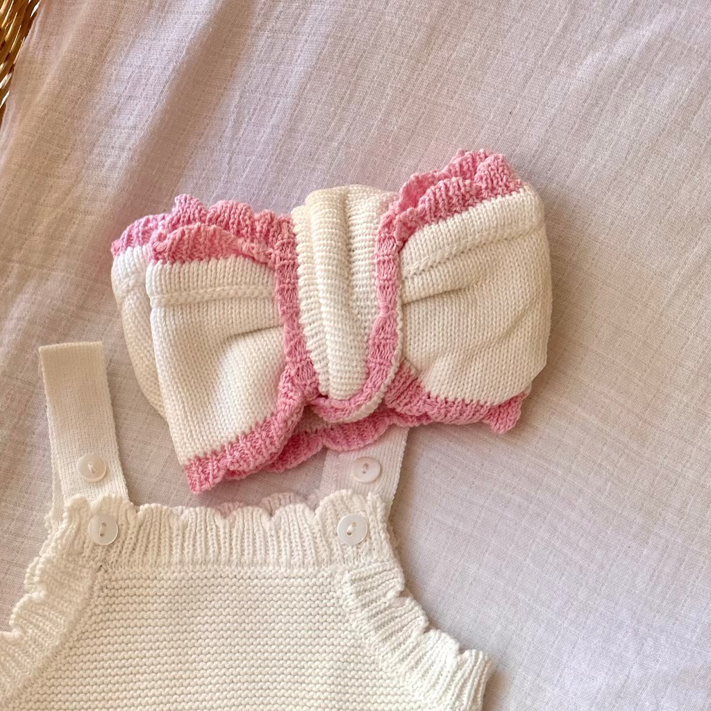 Knitted Frill Cotton Headband - White and Pink
