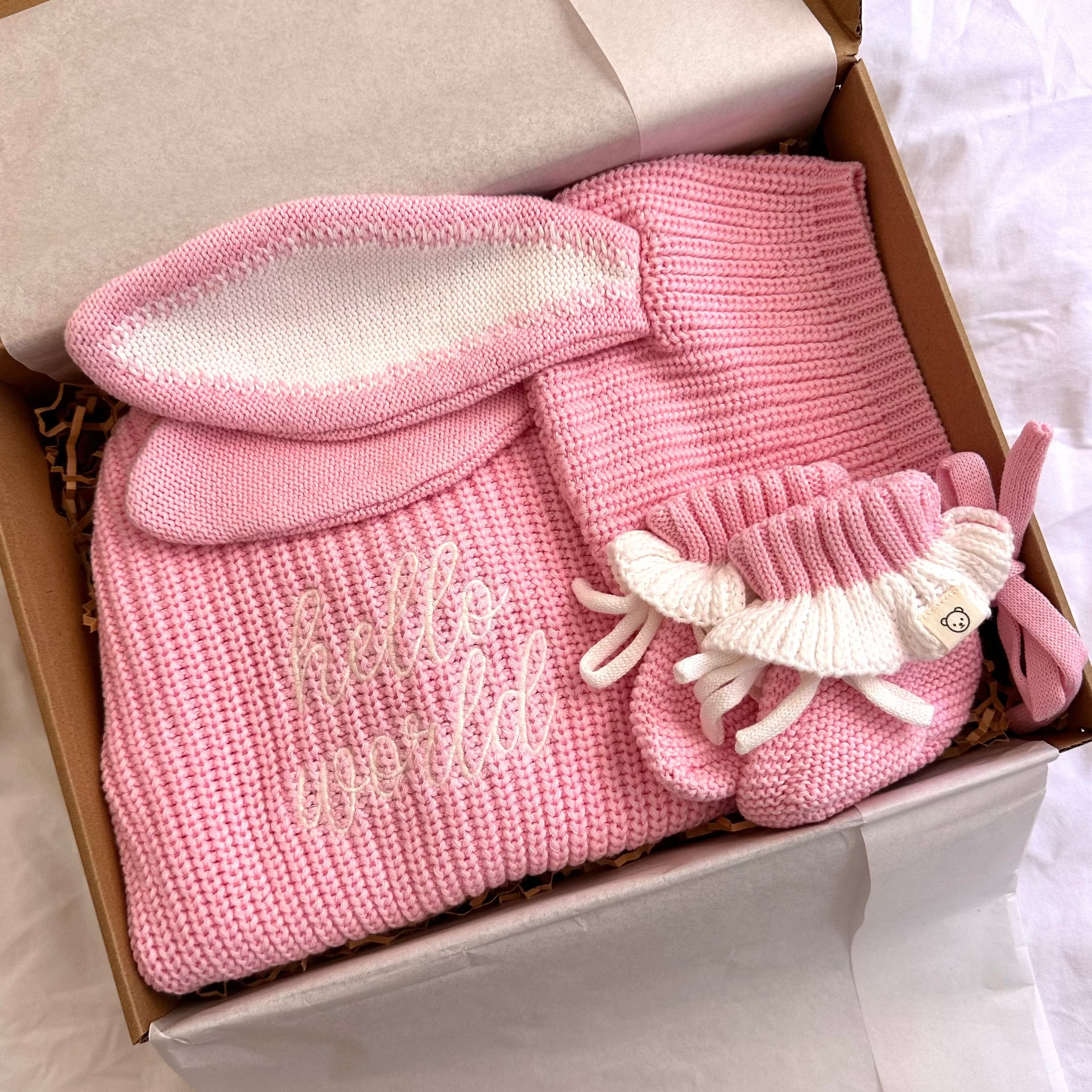 Pink Bunny "Hello World" Baby Box
