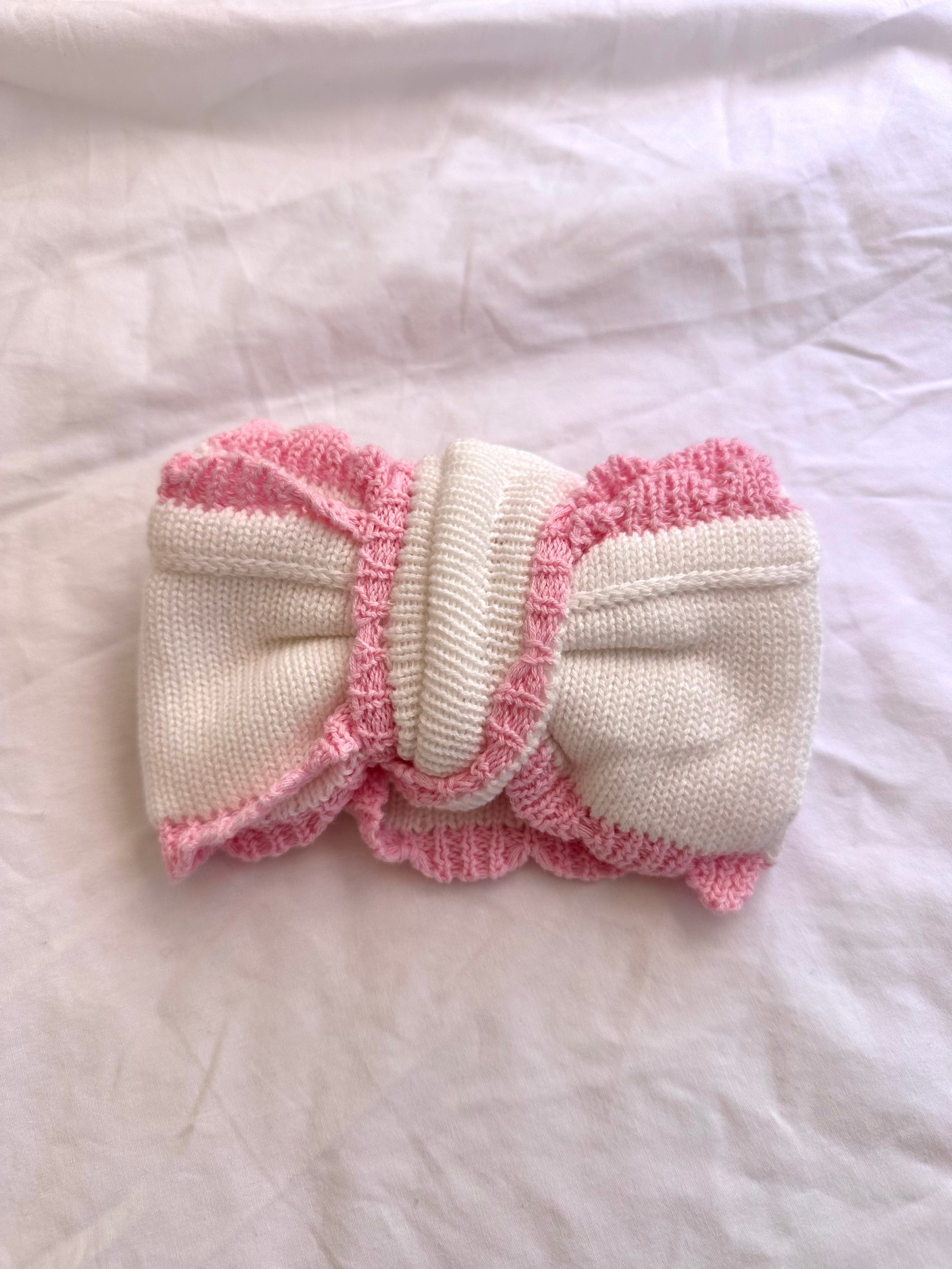 Knitted Frill Cotton Headband - White and Pink