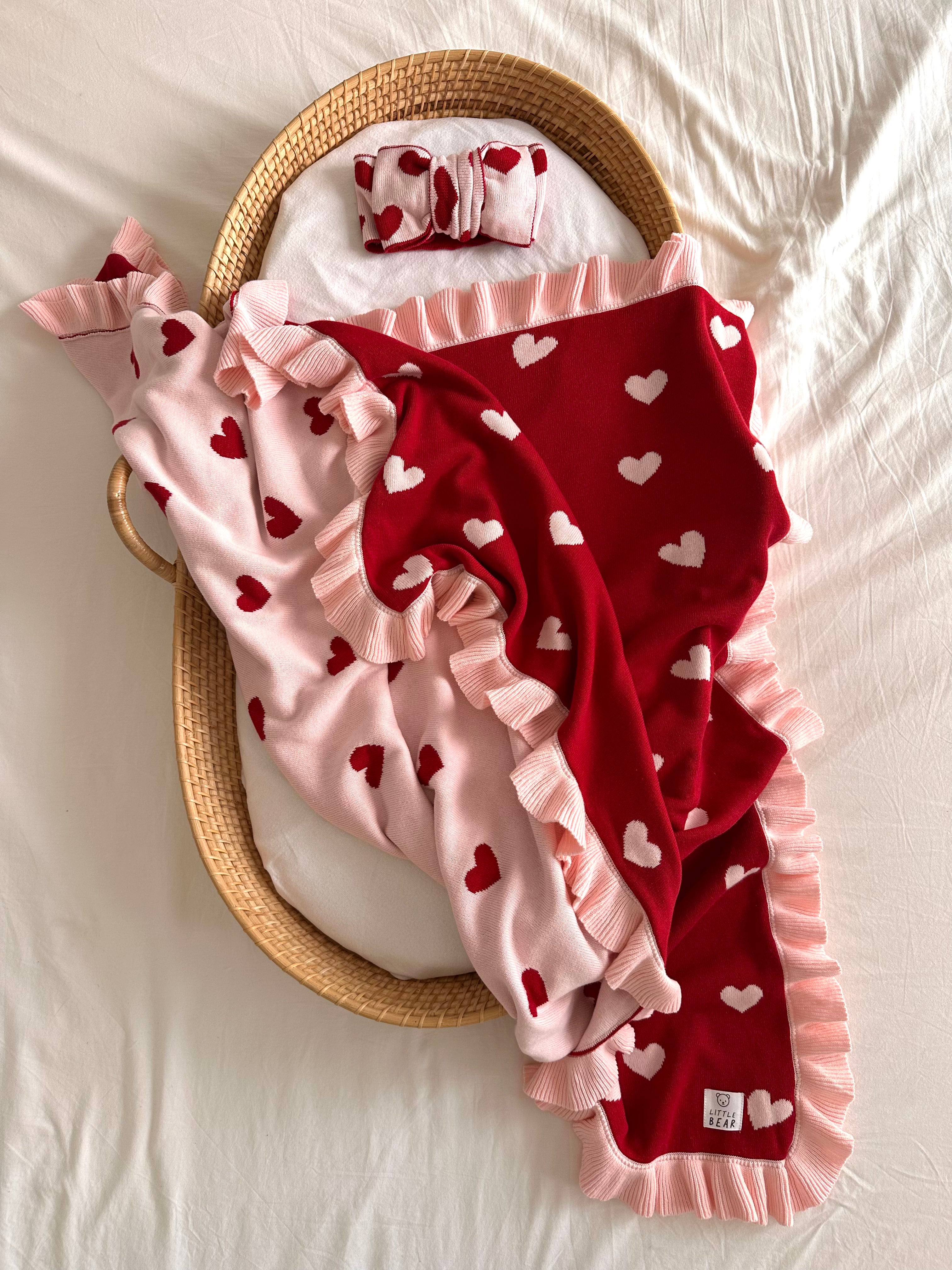 Little Love Bundle - Large Reversible 100% Cotton Blanket and Matching headband - Red and Pink