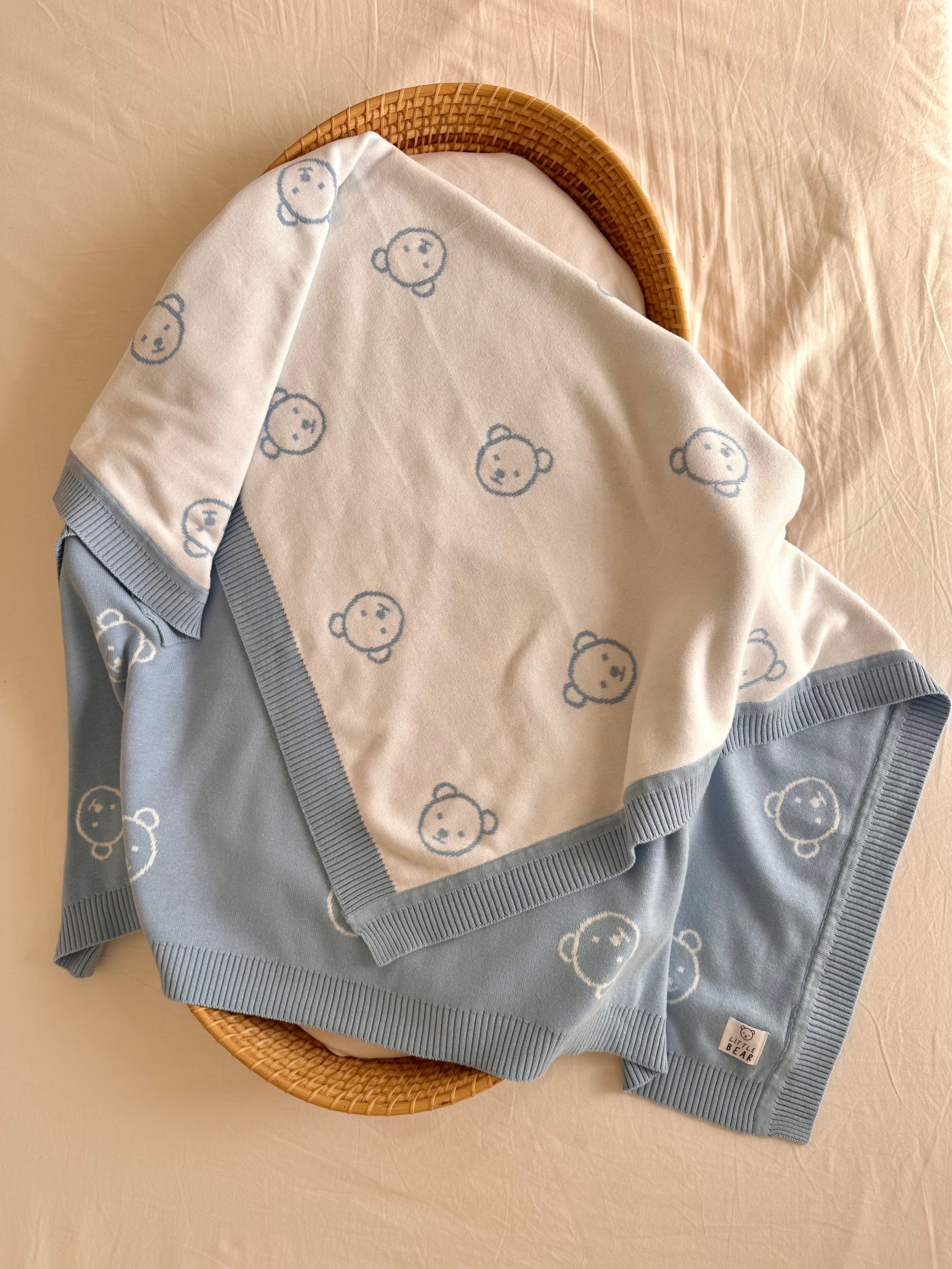Large Little Bear Reversible 100% Cotton Blanket - Blue and White