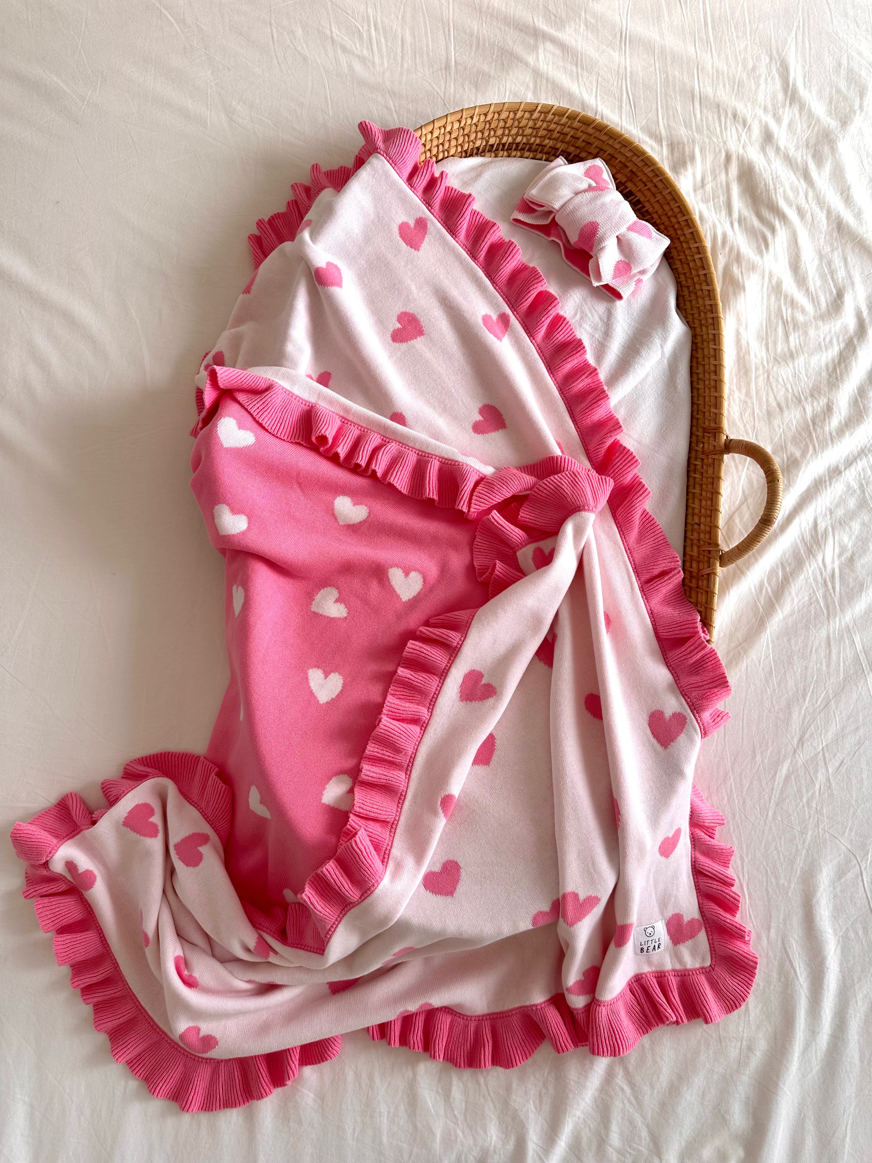 Little Love Bundle - Large Reversible 100% Cotton Blanket and Matching headband - Pink and White
