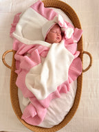 Large 100% Cotton Ruffle Blanket - White and Pink