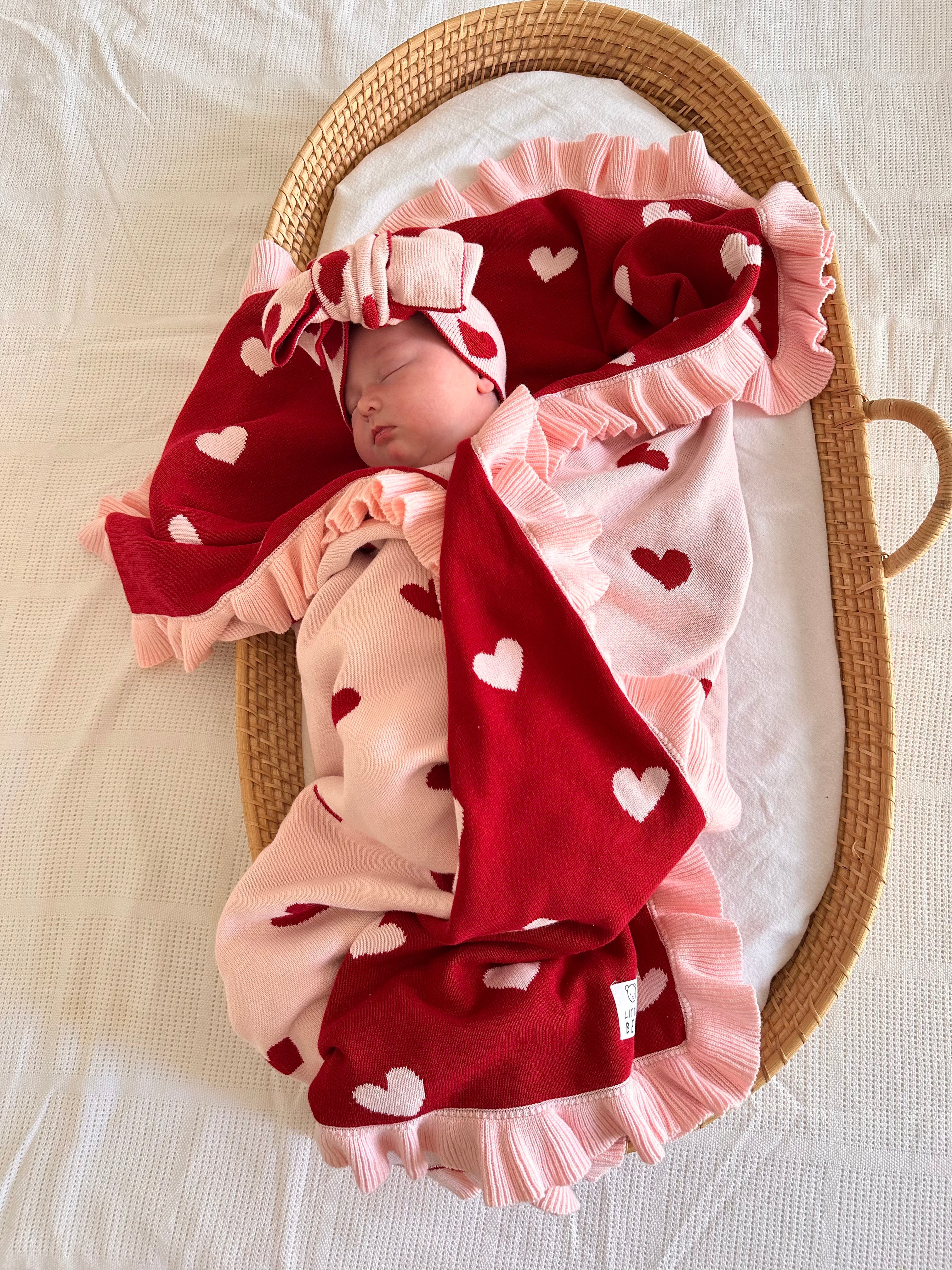 Little Love Bundle - Large Reversible 100% Cotton Blanket and Matching headband - Red and Pink