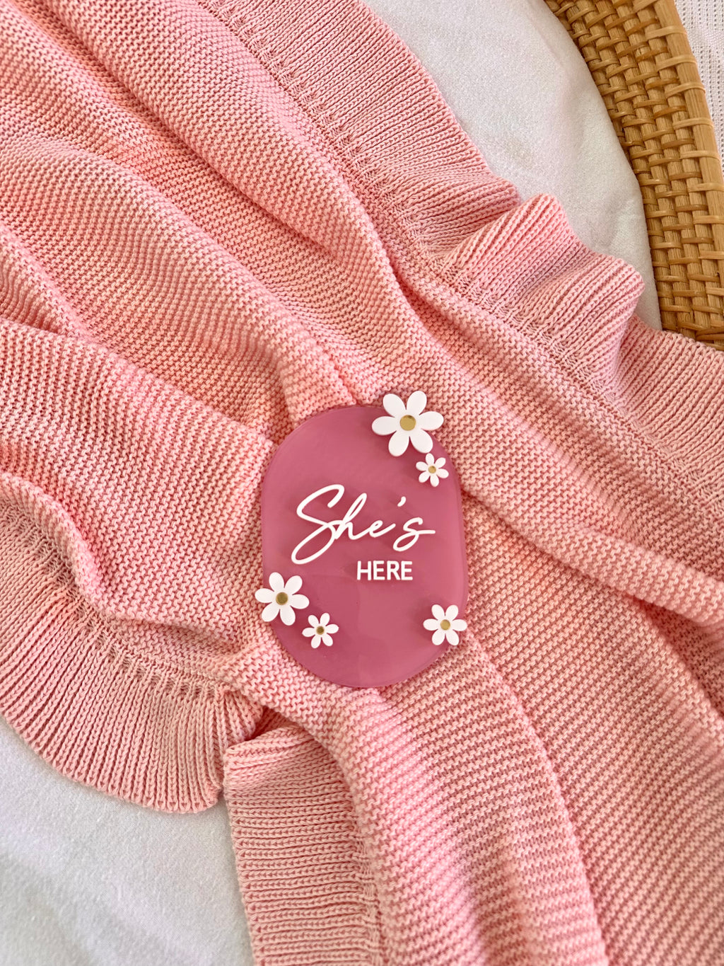 Acrylic "She's Here" Flower Announcement Card