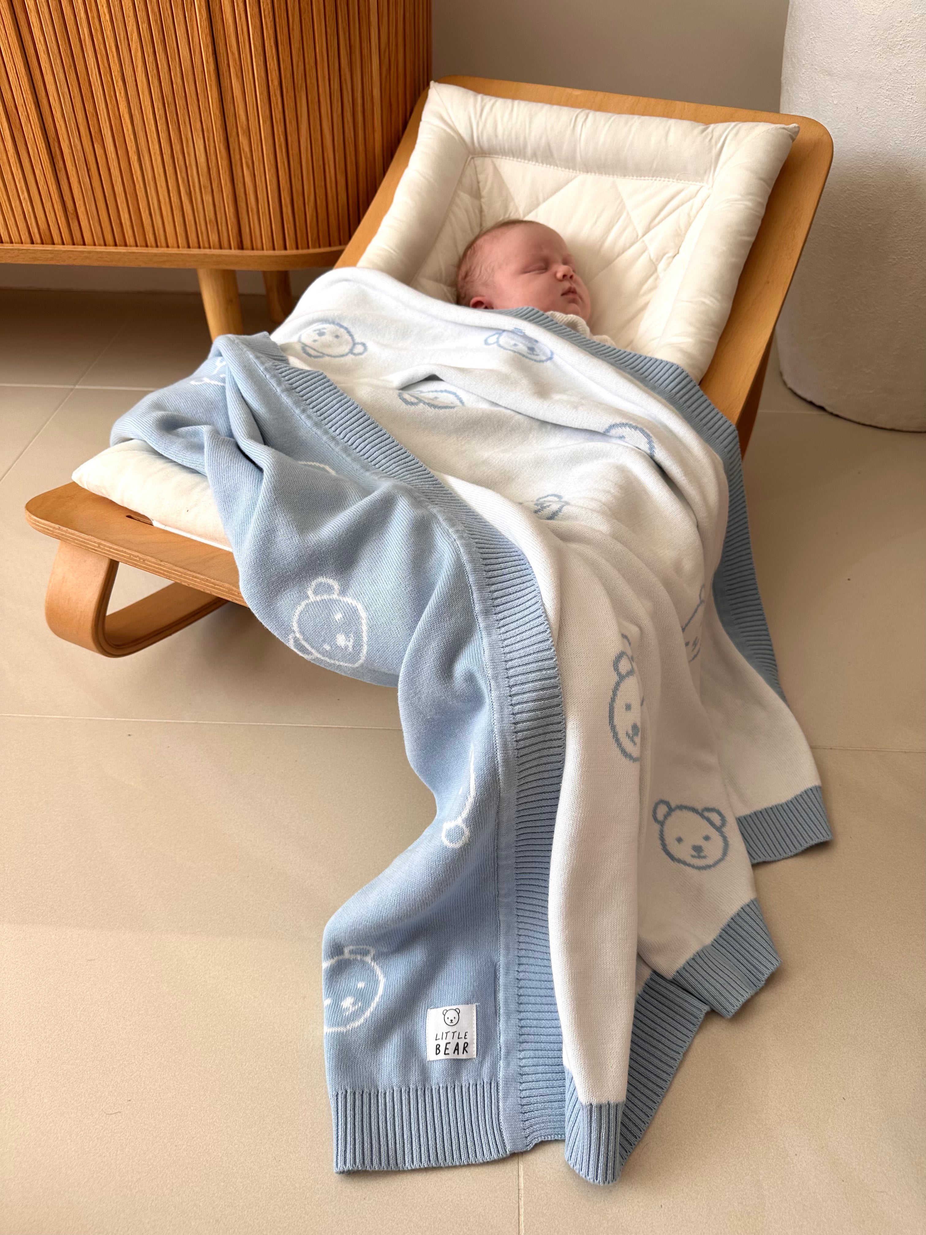 Large Little Bear Reversible 100% Cotton Blanket - Blue and White