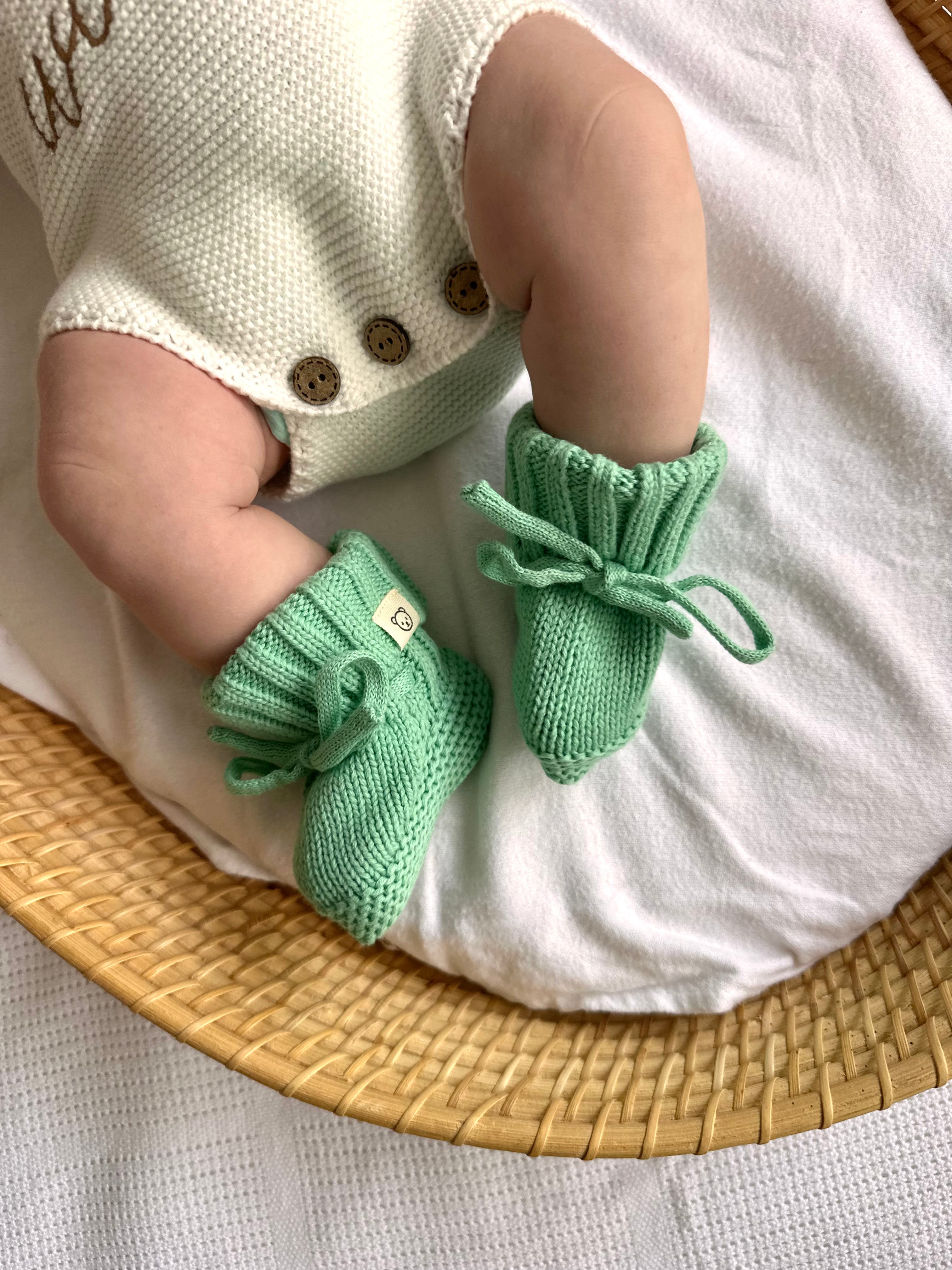 Knitted Cotton Booties - Moss Green