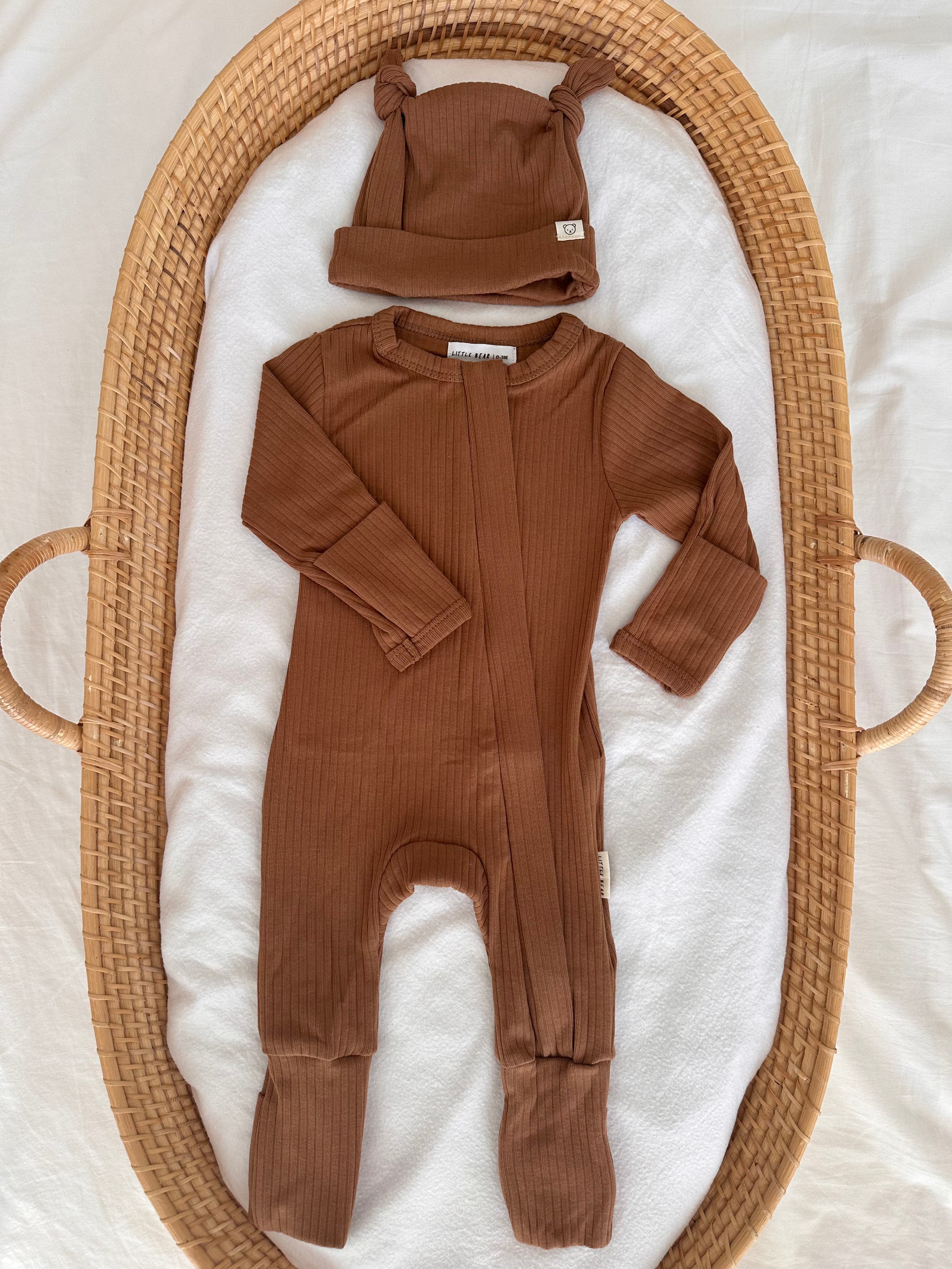 Baby Onesie & Double Knot Beanie Set  - Chocolate